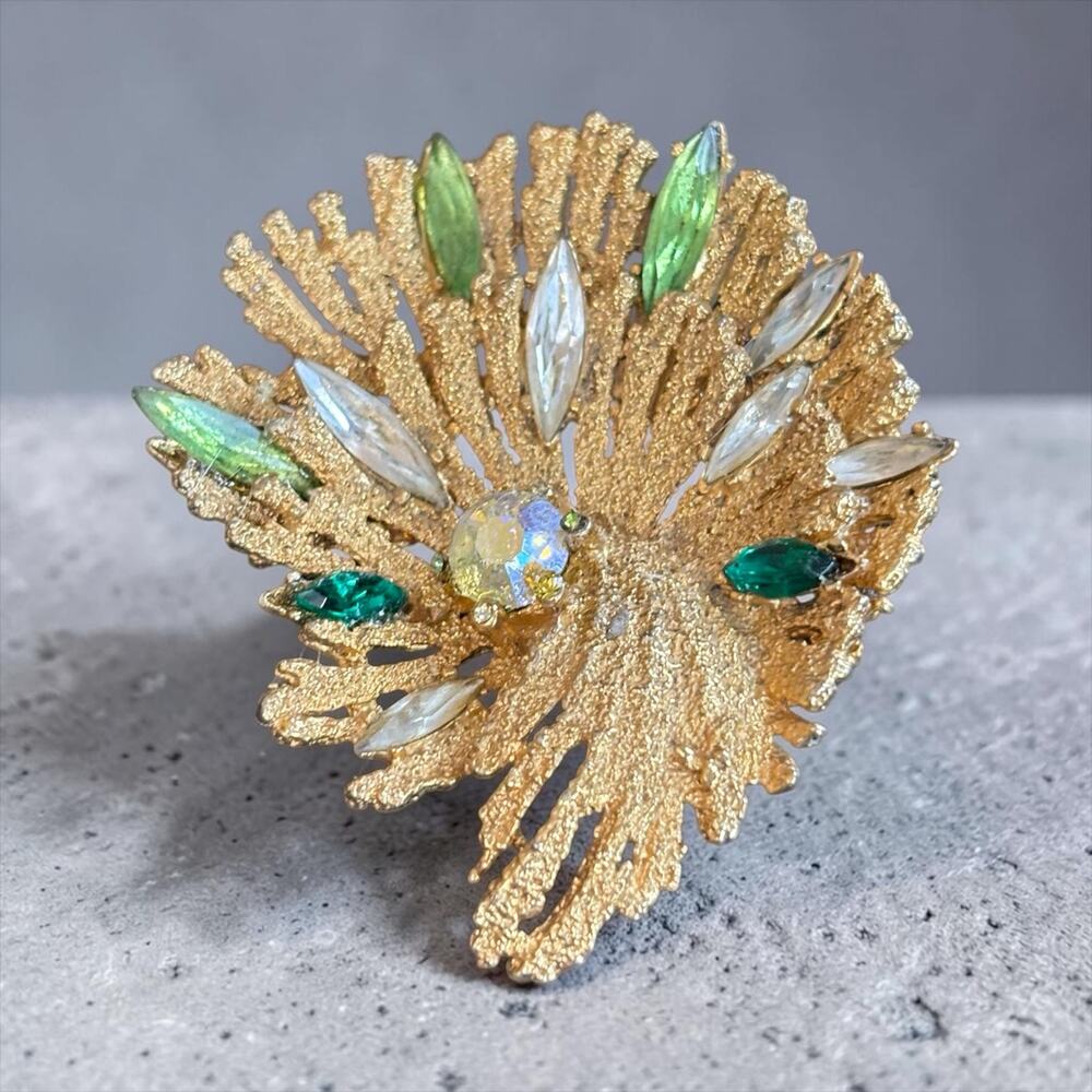 70s Gold Sea Fan Brooch Emerald Rhinestone Mermaid Coral Statement Pin